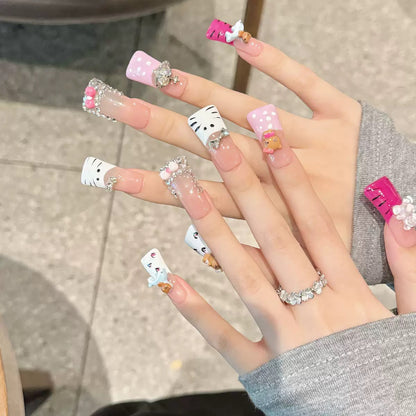 Platypus-Shaped Hand-Painted French Cute KITTY Handmade Press-On Nails