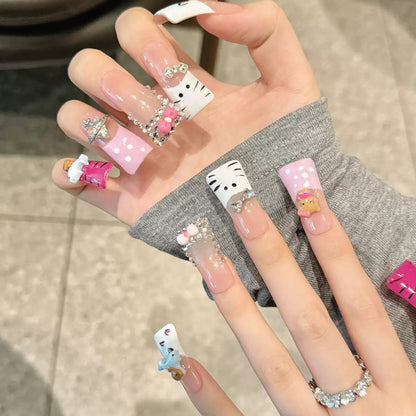 Platypus-Shaped Hand-Painted French Cute KITTY Handmade Press-On Nails
