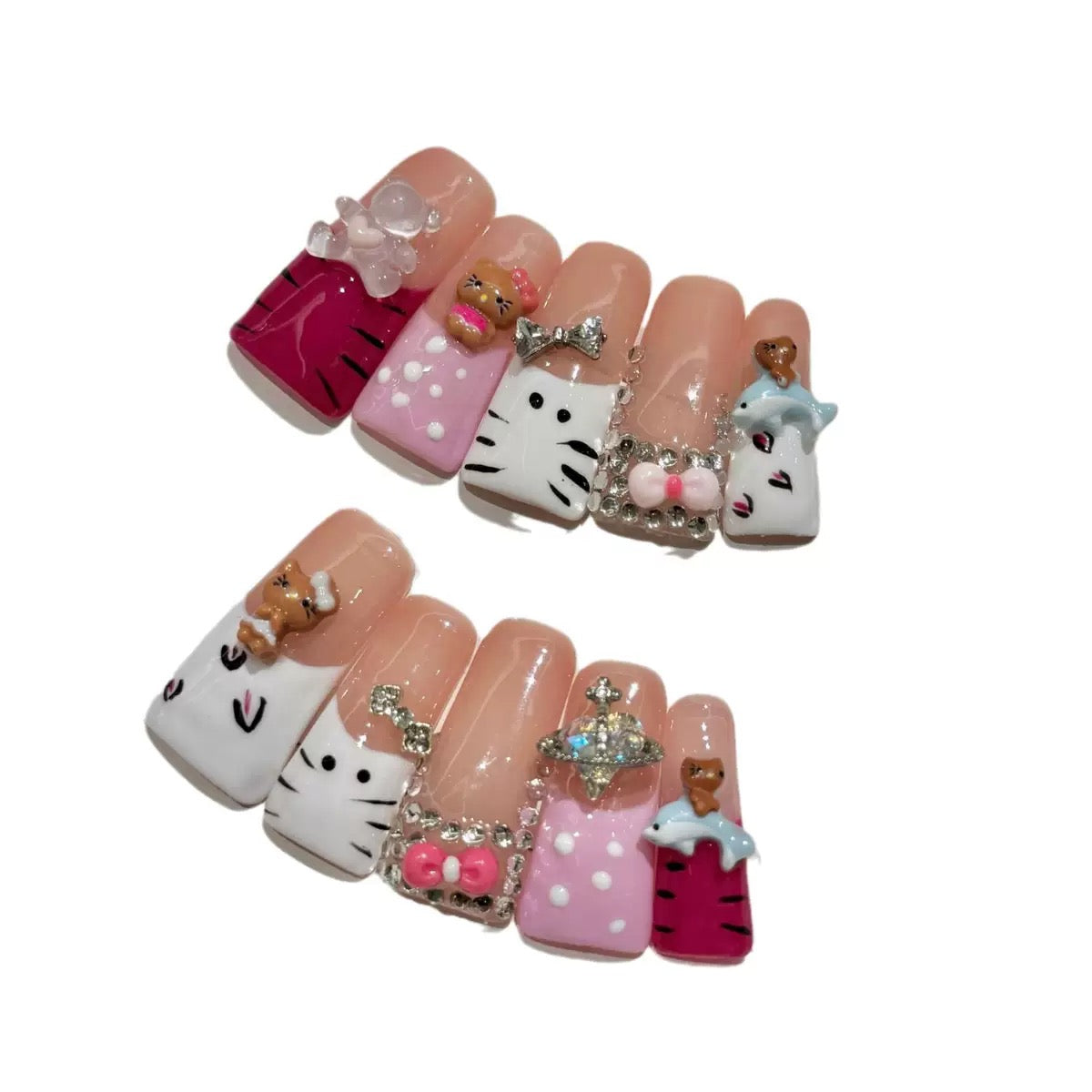 Platypus-Shaped Hand-Painted French Cute KITTY Handmade Press-On Nails