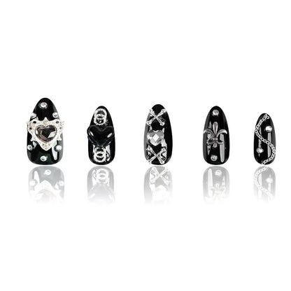 Dark Glam Hot Girl Heart Chain Rhinestone Press-On Nails