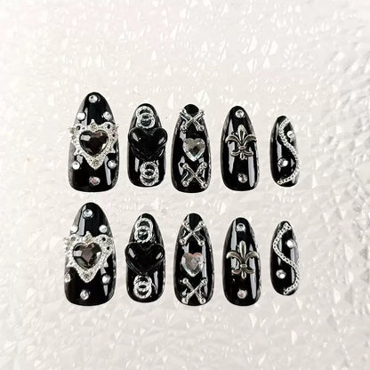 Dark Glam Hot Girl Heart Chain Rhinestone Press-On Nails