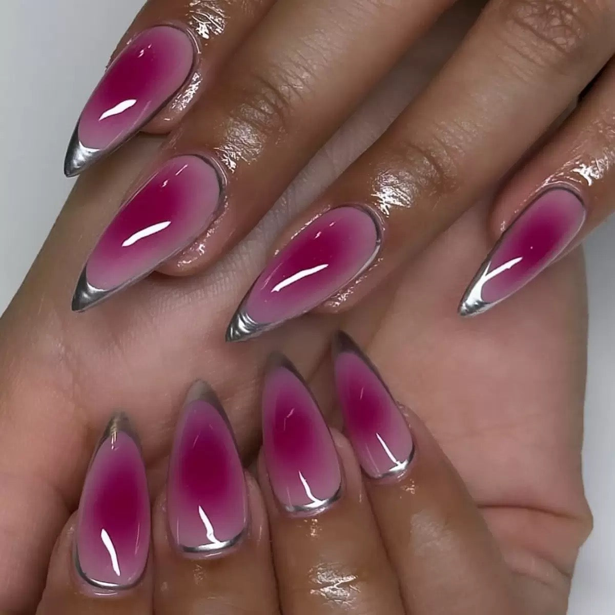 Rose Red Ombre Silver French Circle Almond Detachable Press-On Nails