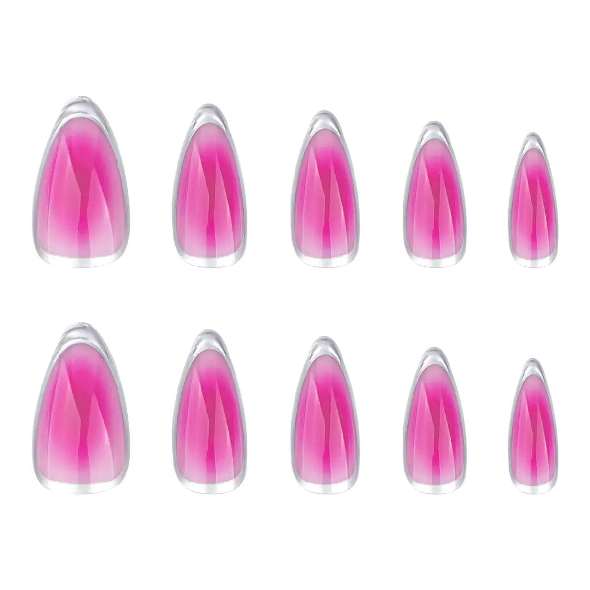 Rose Red Ombre Silver French Circle Almond Detachable Press-On Nails