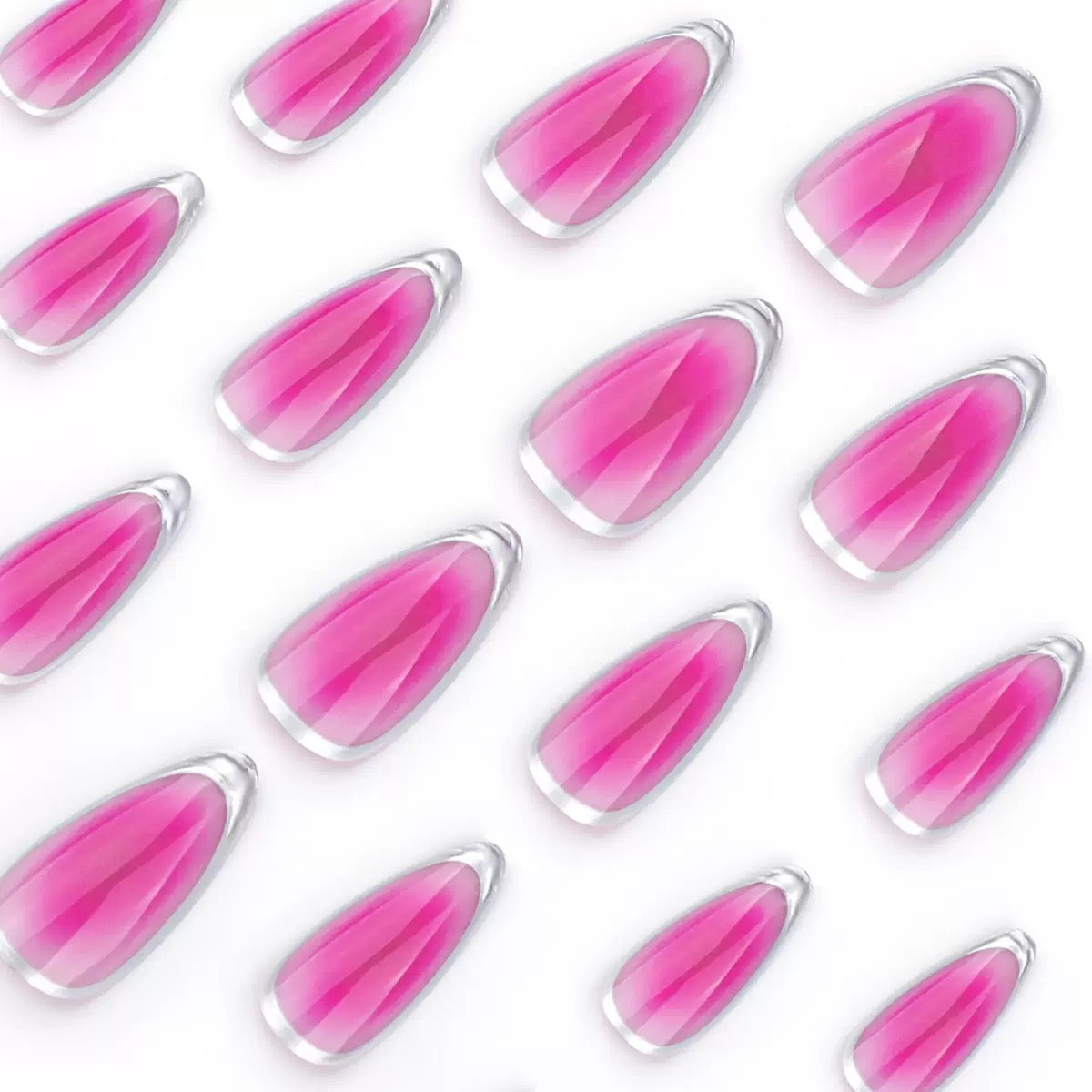 Rose Red Ombre Silver French Circle Almond Detachable Press-On Nails