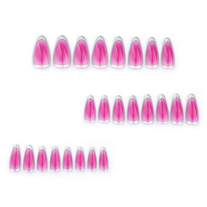 Rose Red Ombre Silver French Circle Almond Detachable Press-On Nails