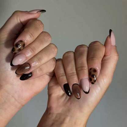 French Leopard Resin Almond Detachable Press-On Nails