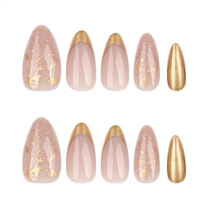 Sparkling Pearl Short Nude Pink Gold Foil French Detachable Press-On Nails | Premium Luxury Style