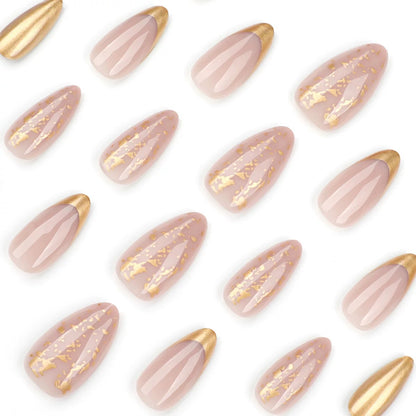 Sparkling Pearl Short Nude Pink Gold Foil French Detachable Press-On Nails | Premium Luxury Style