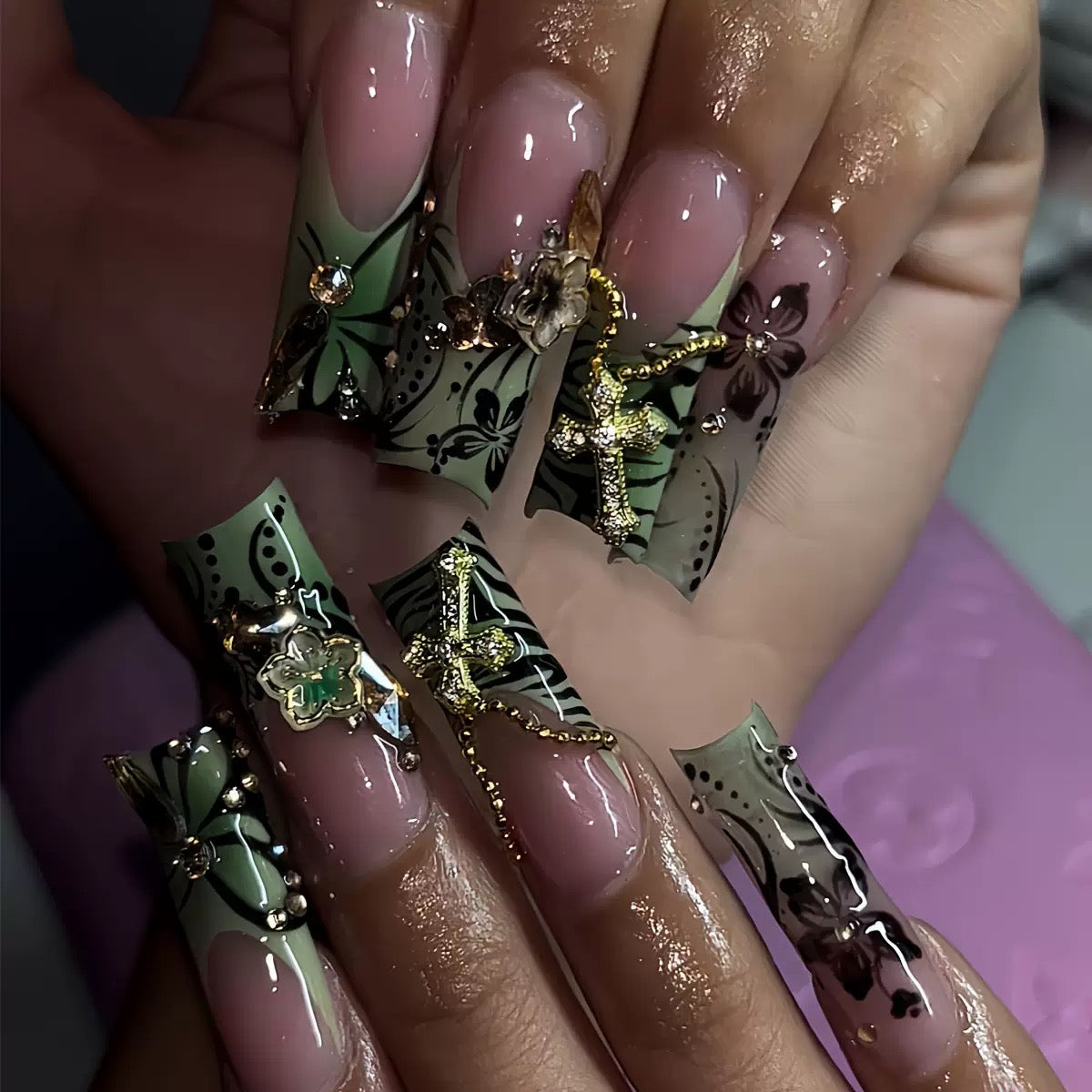 Green 3D Flower Butterfly Crystal Cross Press-On Nail Tips