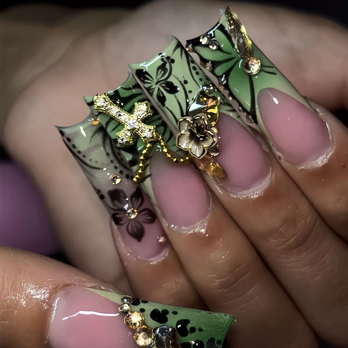 Green 3D Flower Butterfly Crystal Cross Press-On Nail Tips