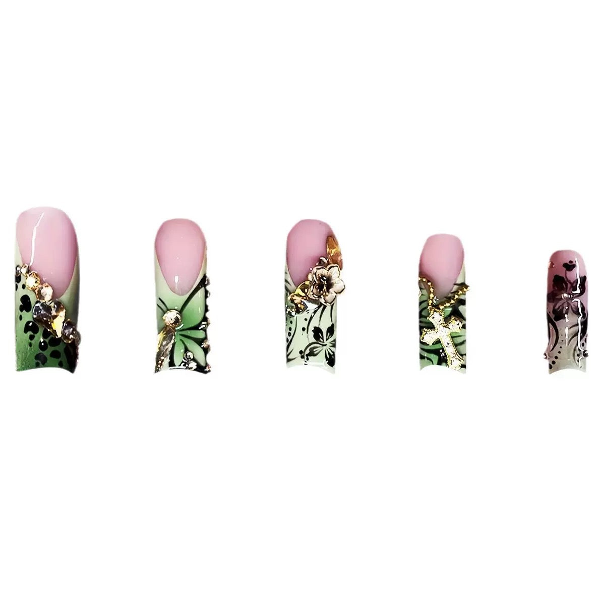 Green 3D Flower Butterfly Crystal Cross Press-On Nail Tips
