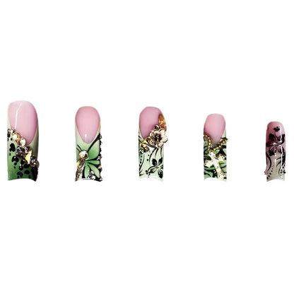 Green 3D Flower Butterfly Crystal Cross Press-On Nail Tips