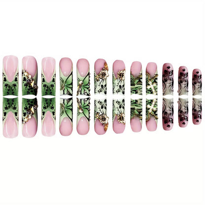 Green 3D Flower Butterfly Crystal Cross Press-On Nail Tips