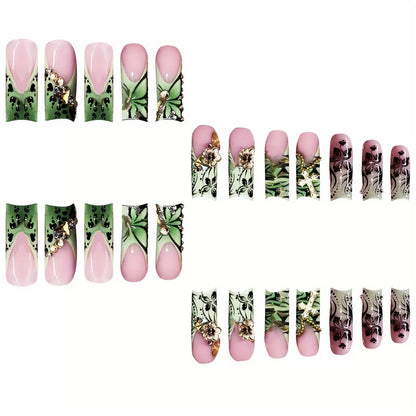 Green 3D Flower Butterfly Crystal Cross Press-On Nail Tips