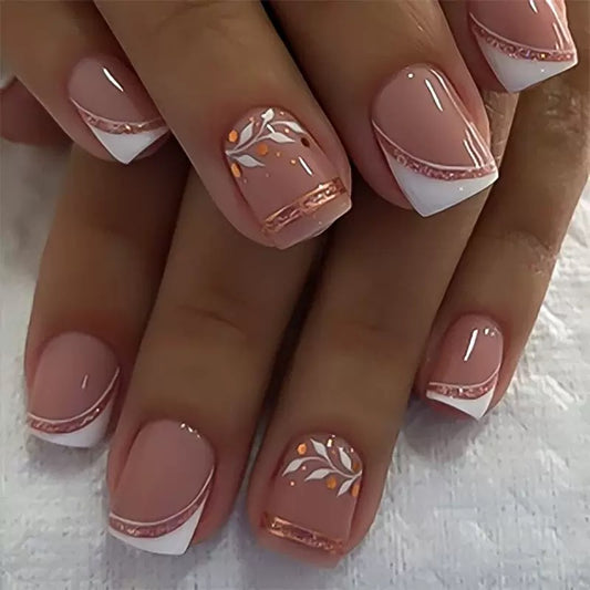 Short Square French Style Nude Glitter Branch Design Press-On Nails