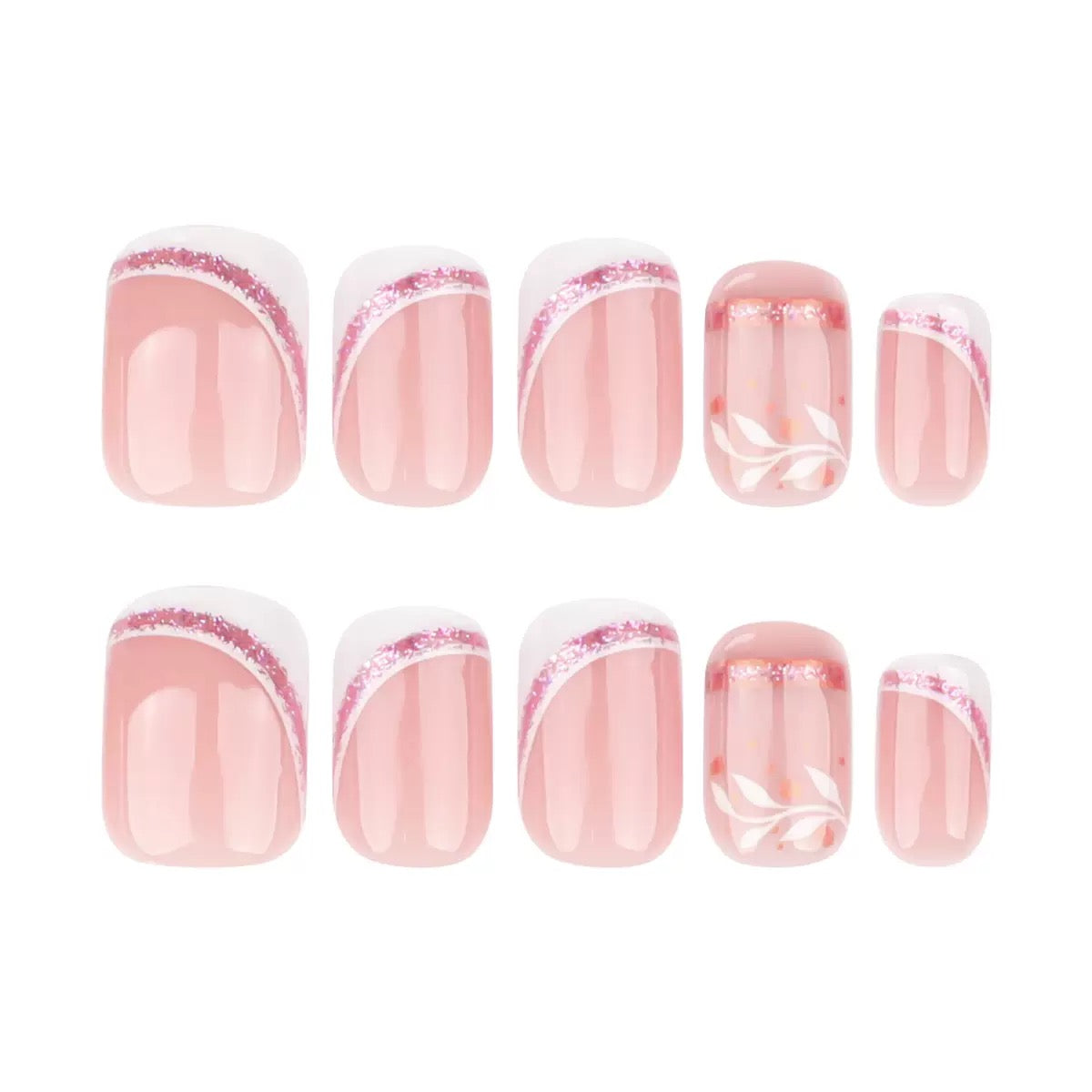 Short Square French Style Nude Glitter Branch Design Press-On Nails