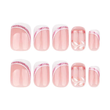 Short Square French Style Nude Glitter Branch Design Press-On Nails