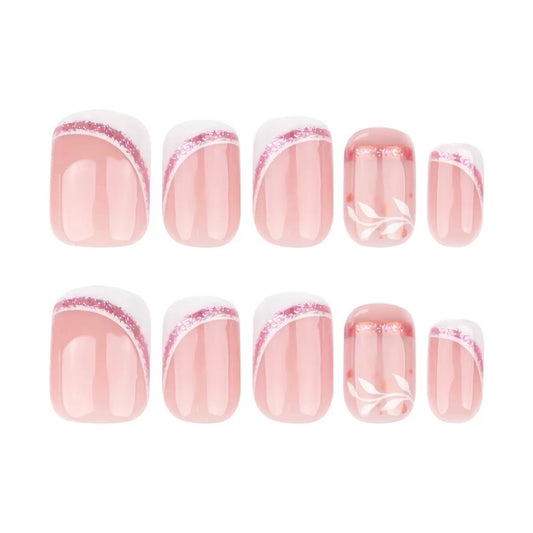 Short Square French Style Nude Glitter Branch Design Press-On Nails