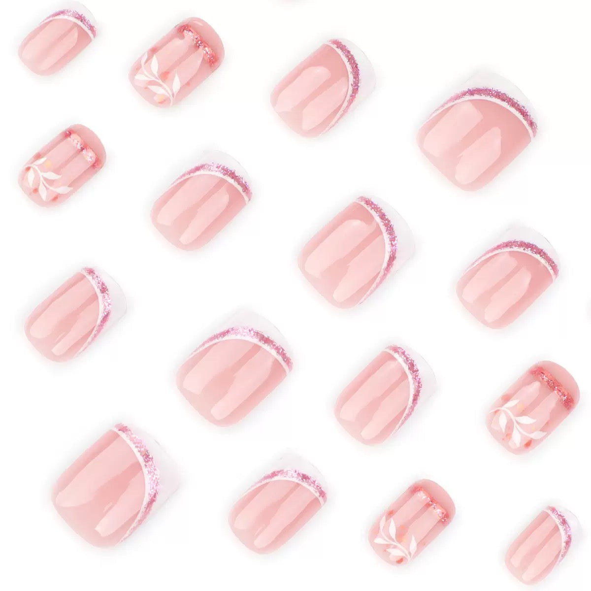 Short Square French Style Nude Glitter Branch Design Press-On Nails