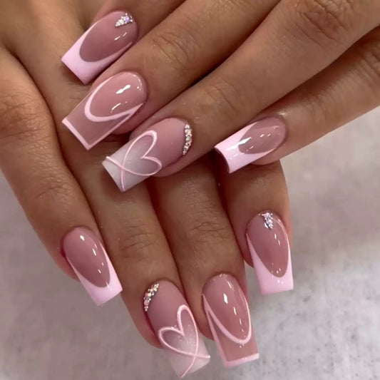 Valentine’s Day Nude French-Style Line Heart Press-On Nails