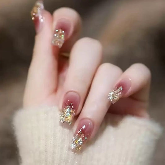 Trendy Hot Girl Sparkling Crushed Diamond Transparent Gradient Ready-to-Wear Press-On Nails