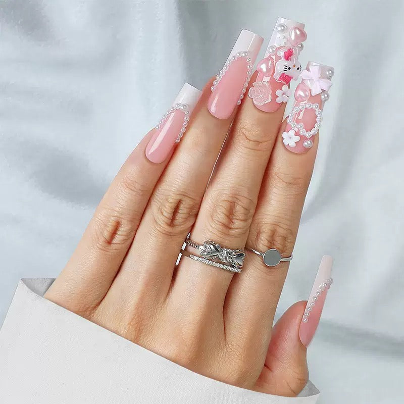 French-Style 3D Pink Kitty Cat with Bow Detachable Press-On Nails