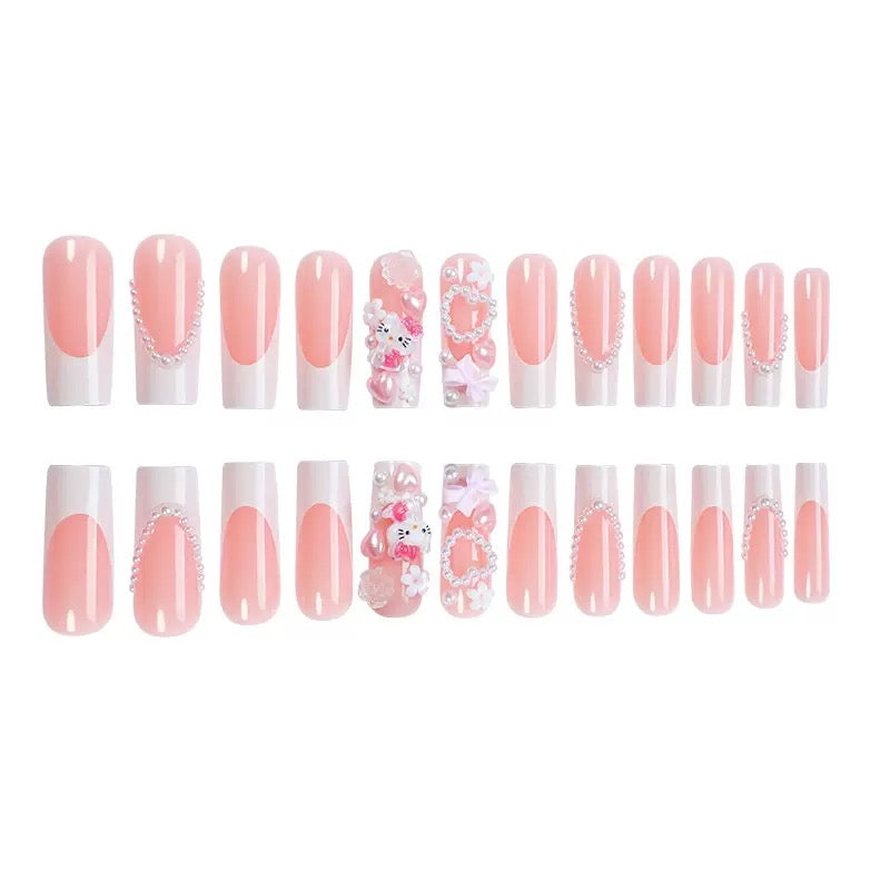 French-Style 3D Pink Kitty Cat with Bow Detachable Press-On Nails
