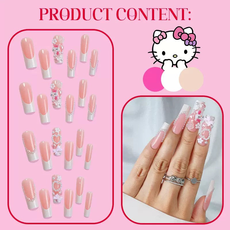 French-Style 3D Pink Kitty Cat with Bow Detachable Press-On Nails