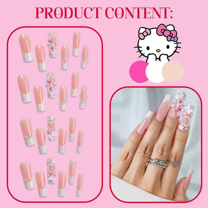 French-Style 3D Pink Kitty Cat with Bow Detachable Press-On Nails