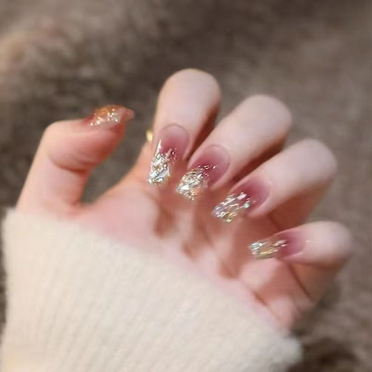 Trendy Hot Girl Sparkling Crushed Diamond Transparent Gradient Ready-to-Wear Press-On Nails