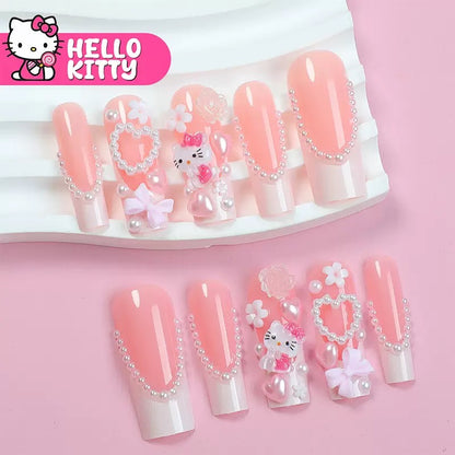 French-Style 3D Pink Kitty Cat with Bow Detachable Press-On Nails