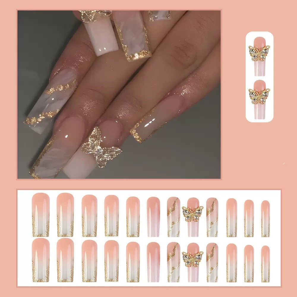 Hot-selling white French-style pure-desire butterfly sweet floral press-on nails