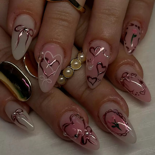 Sweet-cool style — sweet heart and bow almond-short press-on nails