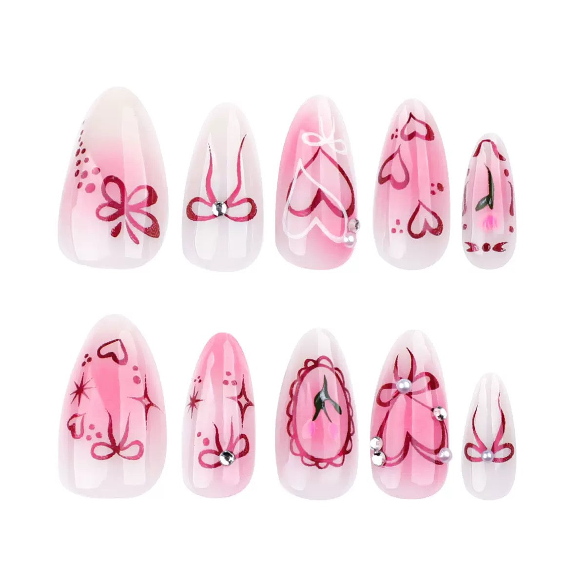 Sweet-cool style — sweet heart and bow almond-short press-on nails