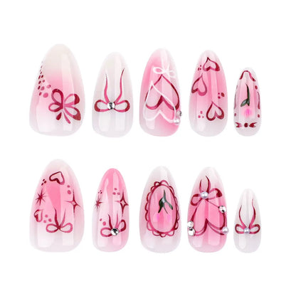 Sweet-cool style — sweet heart and bow almond-short press-on nails