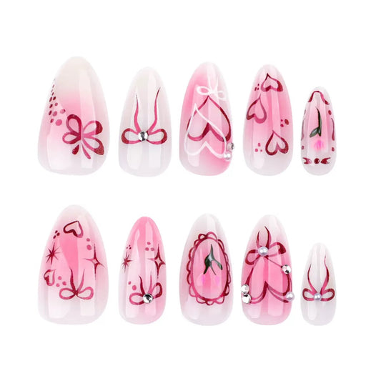 Sweet-cool style — sweet heart and bow almond-short press-on nails