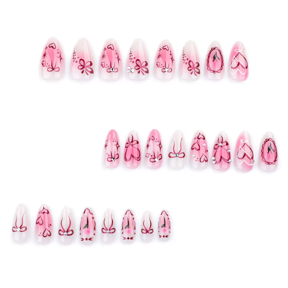 Sweet-cool style — sweet heart and bow almond-short press-on nails