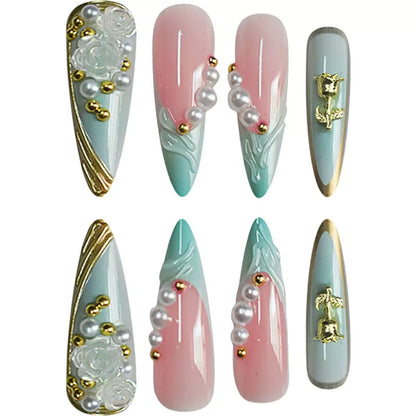 Medium-Long Green French Rose Press-On Nails, Versatile European & American Style, Reusable False Nails