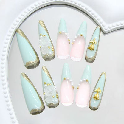 Medium-Long Green French Rose Press-On Nails, Versatile European & American Style, Reusable False Nails
