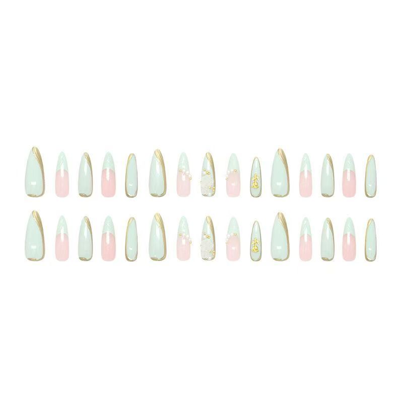 Medium-Long Green French Rose Press-On Nails, Versatile European & American Style, Reusable False Nails