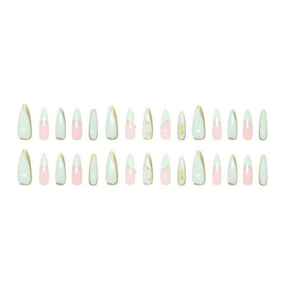 Medium-Long Green French Rose Press-On Nails, Versatile European & American Style, Reusable False Nails