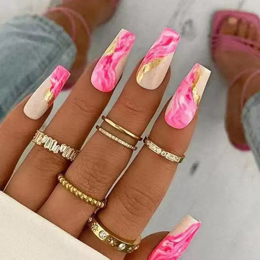 Long Ballerina Ombre Press-On Nails with Sparkling Gold Glitter, Removable False Nails