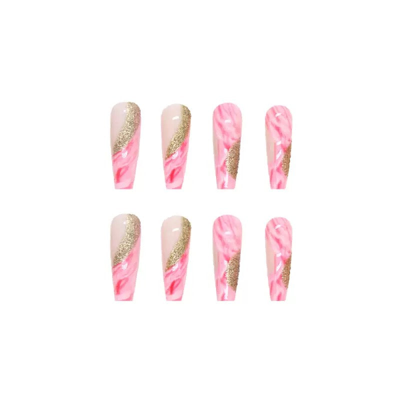 Long Ballerina Ombre Press-On Nails with Sparkling Gold Glitter, Removable False Nails