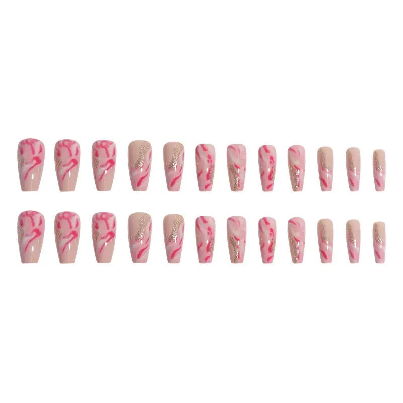 Long Ballerina Ombre Press-On Nails with Sparkling Gold Glitter, Removable False Nails
