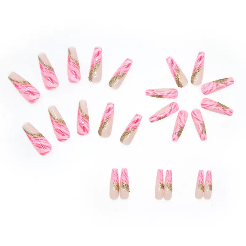 Long Ballerina Ombre Press-On Nails with Sparkling Gold Glitter, Removable False Nails