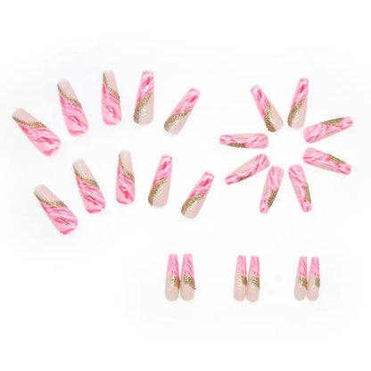 Long Ballerina Ombre Press-On Nails with Sparkling Gold Glitter, Removable False Nails