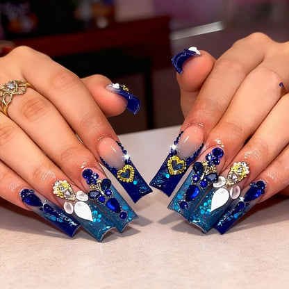 French Style Rhinestone Glitter Press-On Nails, Long Square Pipe Shape, Reusable False Nails