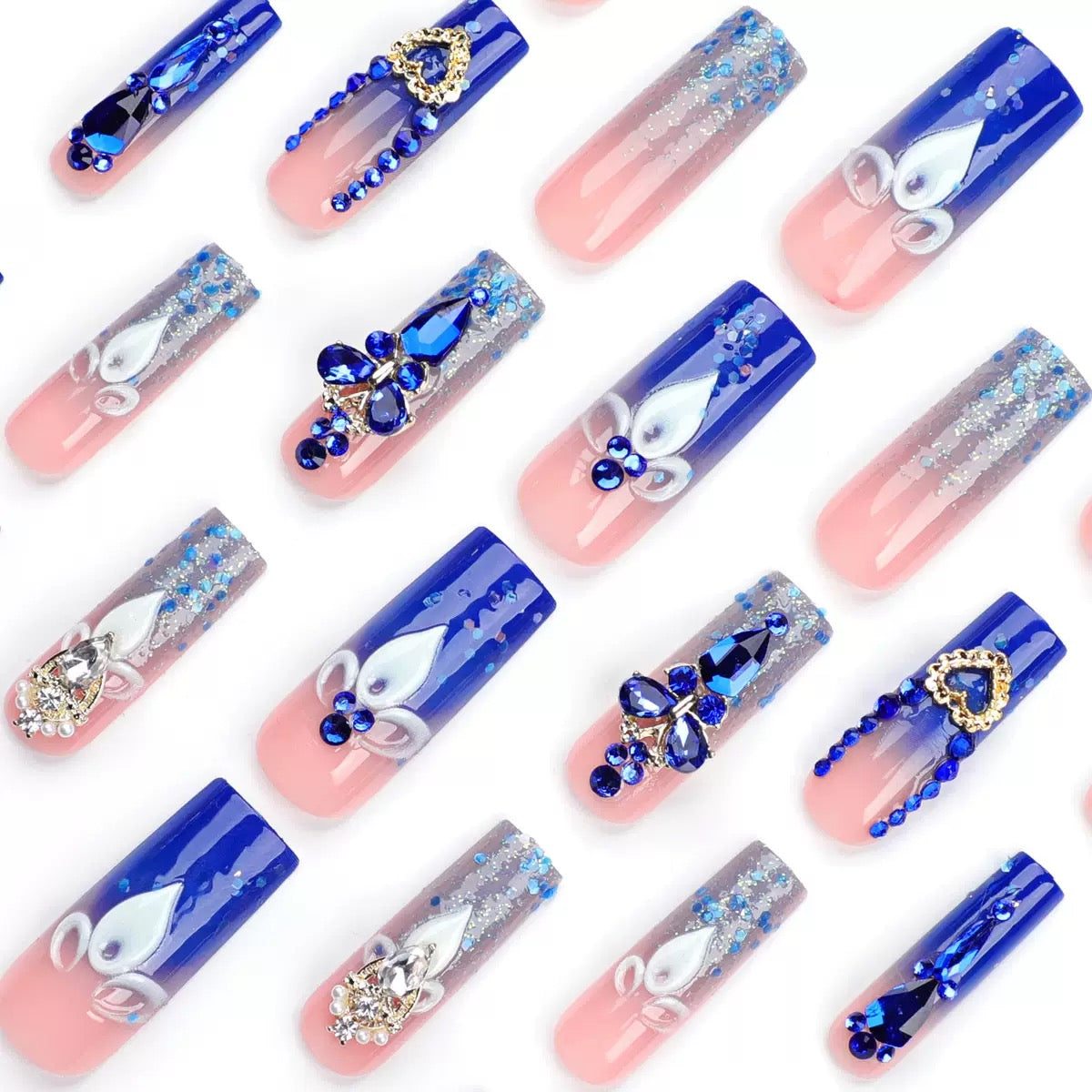 French Style Rhinestone Glitter Press-On Nails, Long Square Pipe Shape, Reusable False Nails