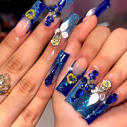 French Style Rhinestone Glitter Press-On Nails, Long Square Pipe Shape, Reusable False Nails