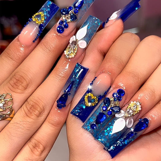 French Style Rhinestone Glitter Press-On Nails, Long Square Pipe Shape, Reusable False Nails